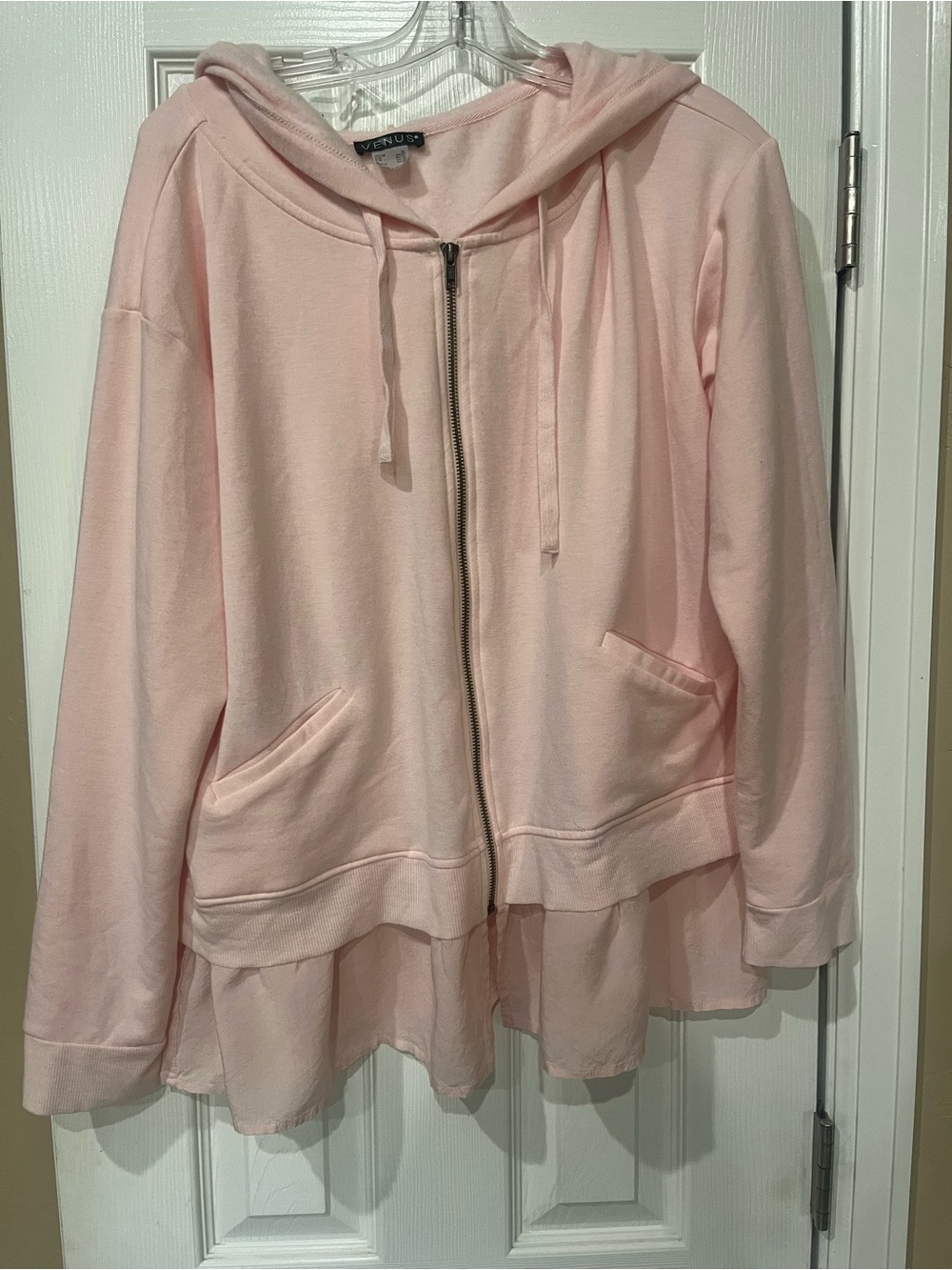 VENUS Blush Pink Hooded Zip-Up Layered Hem Sweatshirt